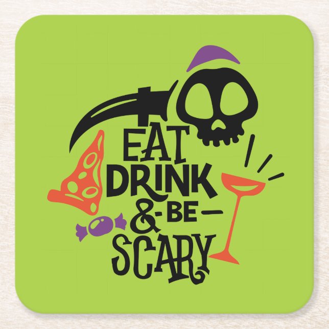 Eat Drink and Be Scary Green Halloween Party Square Paper Coaster (Front)