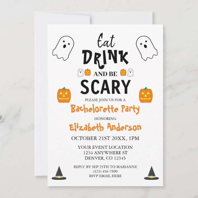 Eat, Drink and Be Scary Halloween Bachelorette Invitation (Front)
