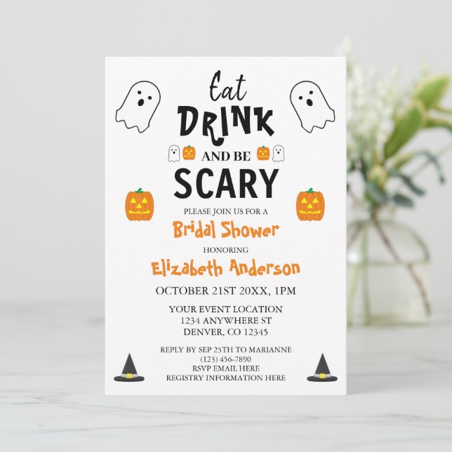 Eat, Drink and Be Scary Halloween Bridal Shower Invitation (Standing Front)