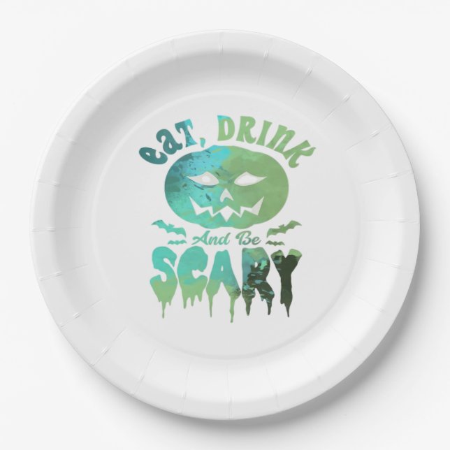 Eat Drink And Be Scary Halloween Light Paper Plate (Front)