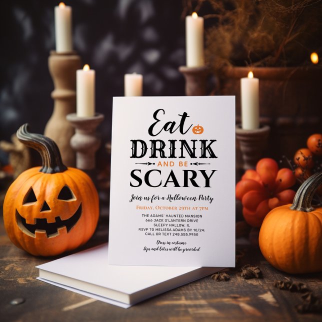 Eat Drink and Be Scary Halloween White Typography Invitation (Creator Uploaded)