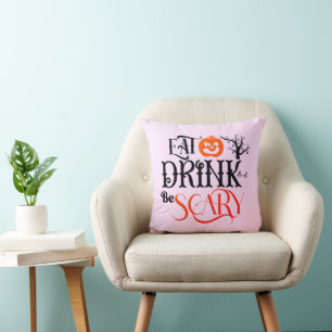 Eat Drink and Be Scary Light Pink Halloween Cushion