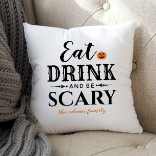 Eat Drink and Be Scary Modern Typography Halloween Cushion