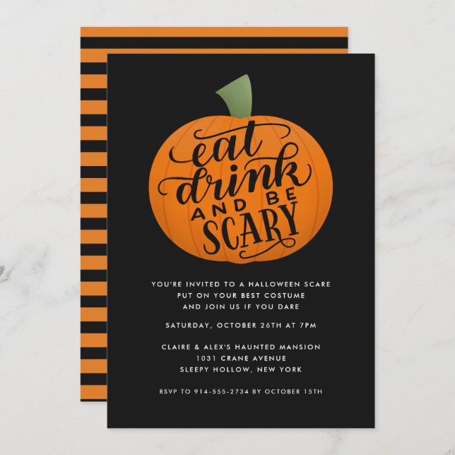 Eat, Drink, and Be Scary Pumpkin Halloween Party Invitation (Front/Back)