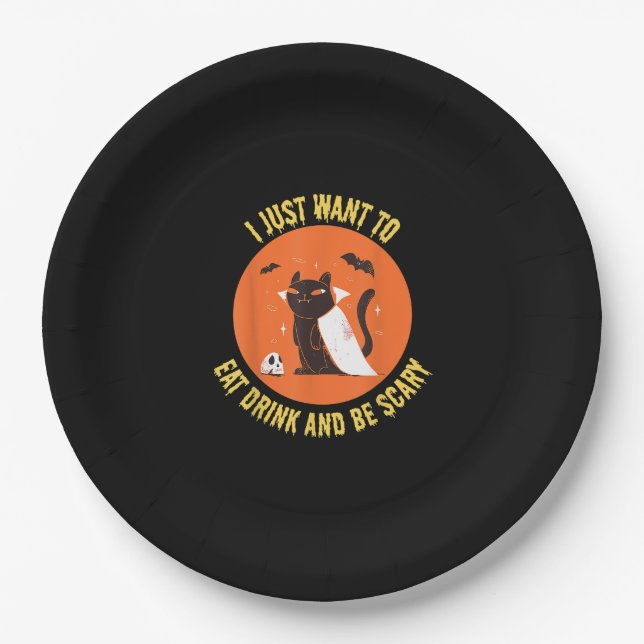 Eat Drink And Be Scary Spooky Cat Halloween Paper Plate (Front)