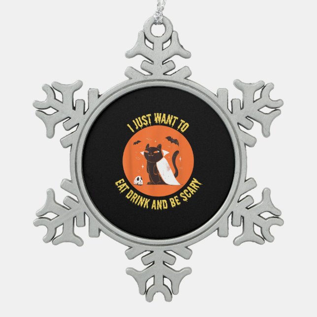 Eat Drink And Be Scary Spooky Cat Halloween Snowflake Pewter Christmas Ornament (Front)