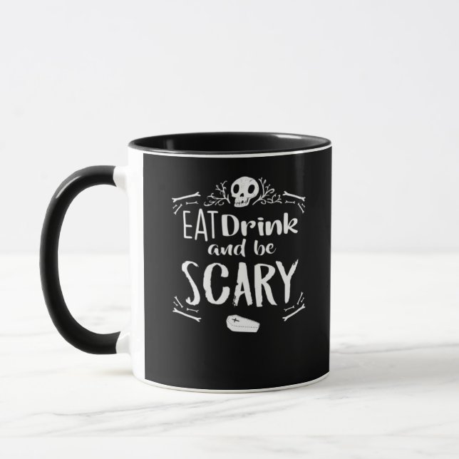 Eat Drink And Be Scary Spooky Halloween Skull Mug (Left)