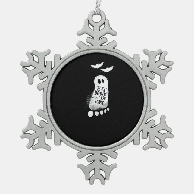Eat Drink And Be Scary Trendy Graphic Snowflake Pewter Christmas Ornament (Front)