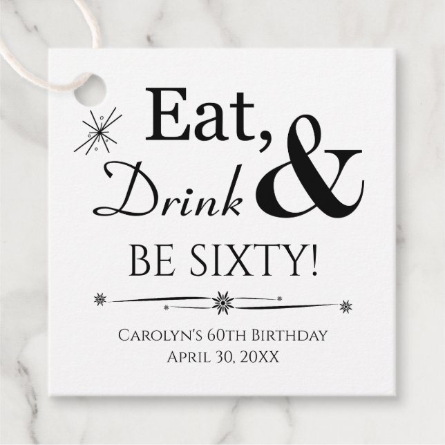 Eat Drink and Be Sixty MCM Retro 60th Birthday Favour Tags (Front)
