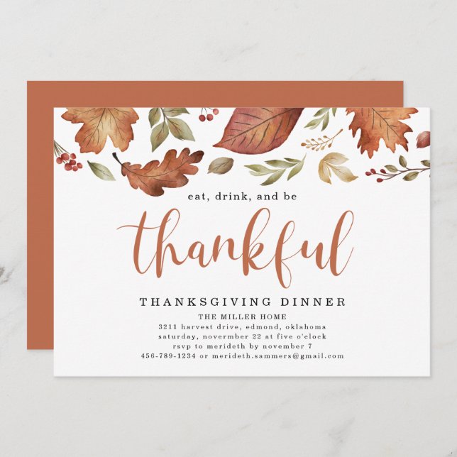 Eat, Drink, and Be Thankful Leaves Thanksgiving Invitation (Front/Back)