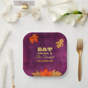 Eat Drink and Be Thankful Plum Leaves Paper Plate