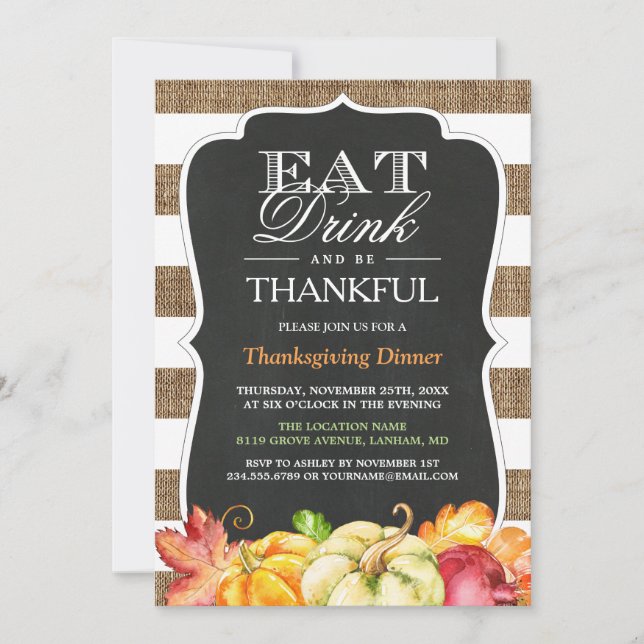 Eat Drink and Be Thankful | Rustic Thanksgiving Invitation (Front)