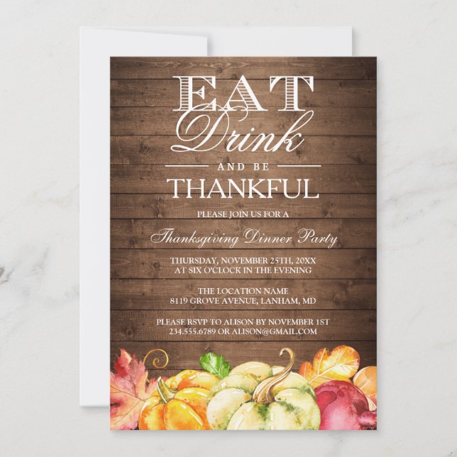 Eat Drink and Be Thankful | Rustic Wood Pumpkins Invitation (Front)