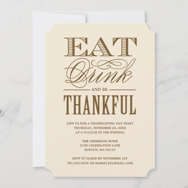 Eat Drink and be Thankful Thanksgiving Dinner Invitation (Front)