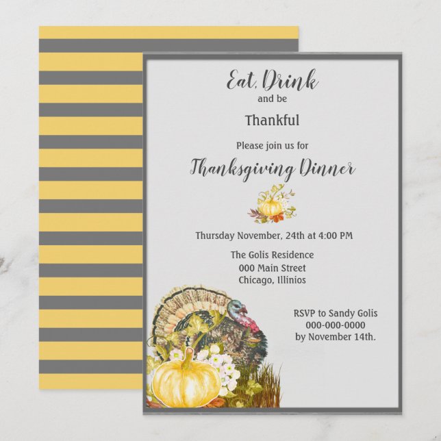 Eat Drink and Be Thankful Thanksgiving Dinner Invitation (Front/Back)