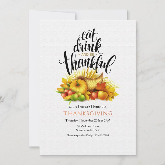 Eat Drink and be Thankful Thanksgiving Invitation (Front)