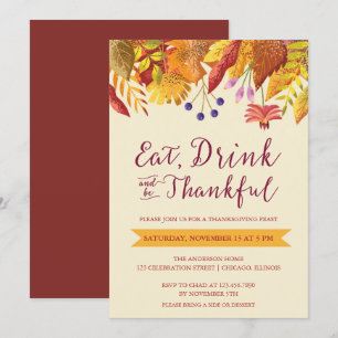 Eat Drink and be Thankful Watercolor Leaves Party Invitation