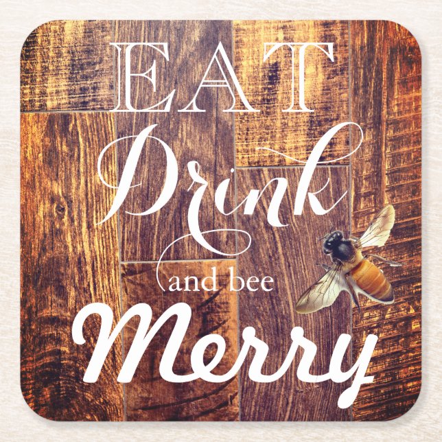eat drink and bee merry square paper coaster (Front)
