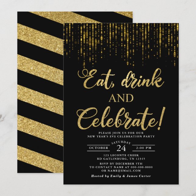 Eat Drink and Celebrate New Year's Eve Party Invit Invitation (Front/Back)