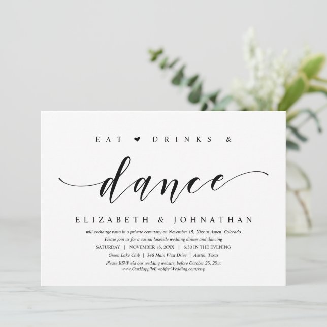 Eat, Drink and Dance, Wedding Elopement Party Invi Invitation (Standing Front)