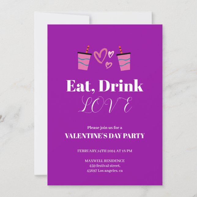 Eat Drink and Love Valentine's Day party Purple Invitation (Front)
