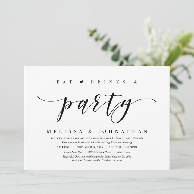 Eat, Drink and Party, Wedding Elopement  Invitation (Standing Front)
