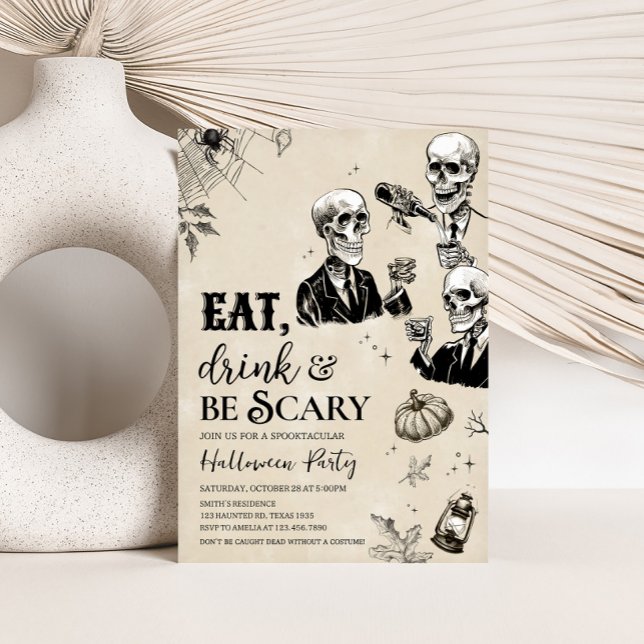 Eat Drink and Scary Skull Halloween Party Invitation (Eat Drink and Scary Gothic Skull Halloween Party Invitation)