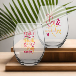 Eat Drink and Stay Married Mr and Mrs Newlywed Stemless Wine Glass