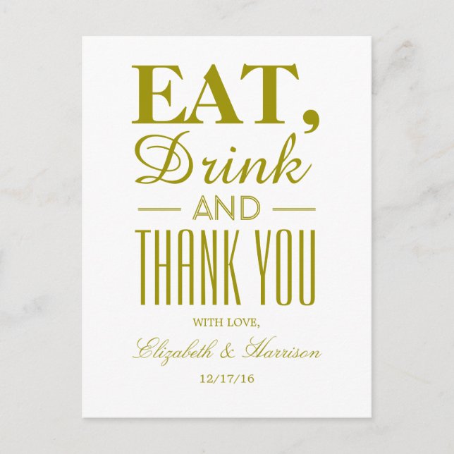 Eat, Drink and Thank You Gold Postcard (Front)