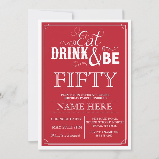 Eat Drink & Be 50 or Any Age Birthday Party Invite (Front)