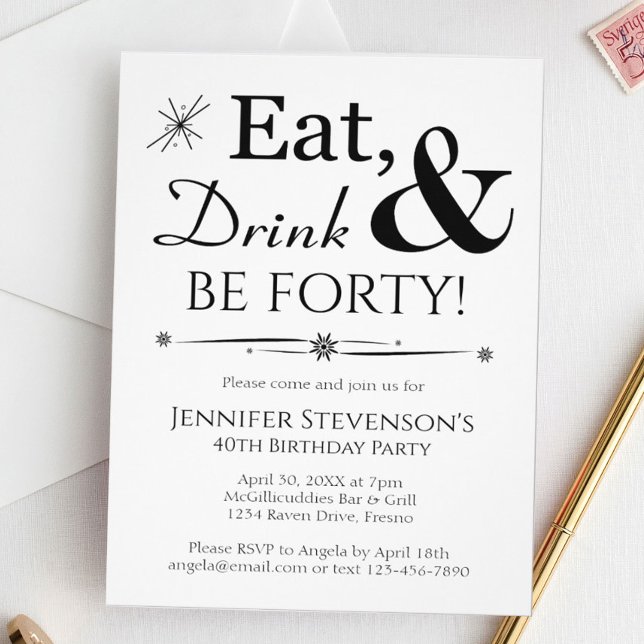Eat Drink Be Forty Retro Black White 40th Birthday Invitation (Creator Uploaded)