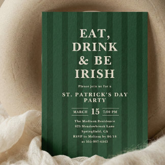 Eat Drink Be Irish St Patricks Party Stripes Invitation