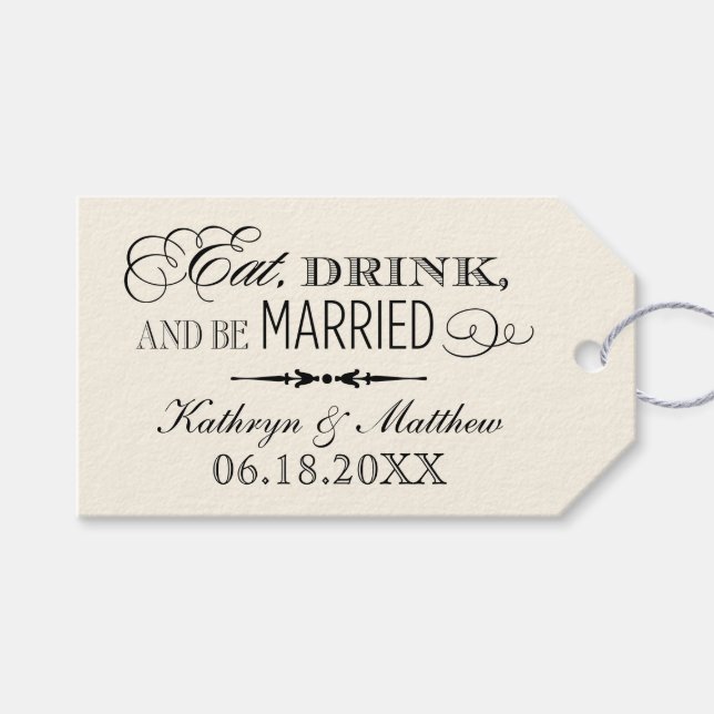 Eat Drink Be Married Black Ivory Monogram Favour Gift Tags (Front (Horizontal))