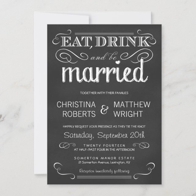 Eat Drink be Married Chalkboard Wedding Invitation (Front)