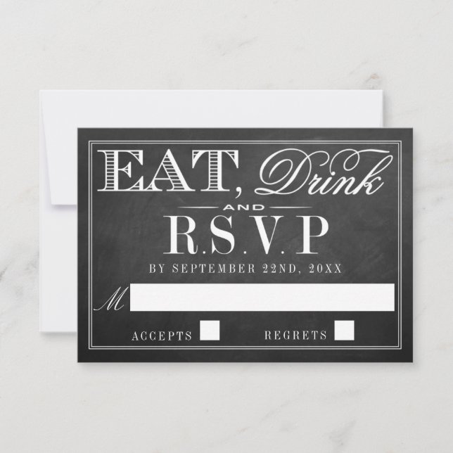 Eat, Drink & Be Married Chalkboard Wedding RSVP Card (Front)