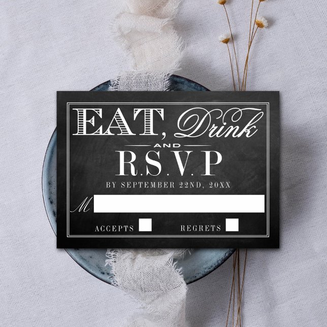 Eat, Drink & Be Married Chalkboard Wedding RSVP Card (Creator Uploaded)