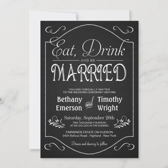 Eat Drink Be Married Fancy Chalkboard Invitations (Front)