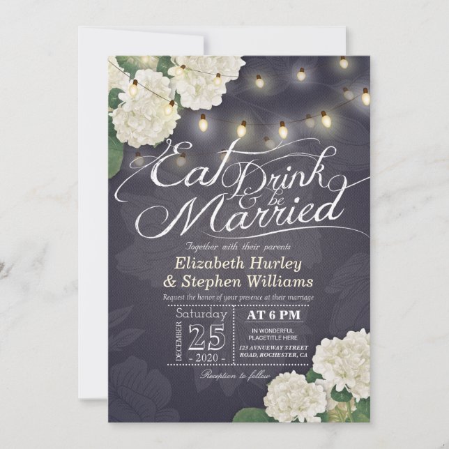 EAT Drink & Be Married Flower String Light Wedding Invitation (Front)