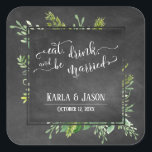 Eat Drink & Be Married Greenery on Chalkboard Square Sticker<br><div class="desc">Over a textured chalkboard background, I've added a messy artistic bouquet of watercolor greenery sprays. The center was covered in a bordered chalkboard square that makes a perfect frame for your personal details; the template placeholders were set up for your names and date, which can be changed as you wish....</div>