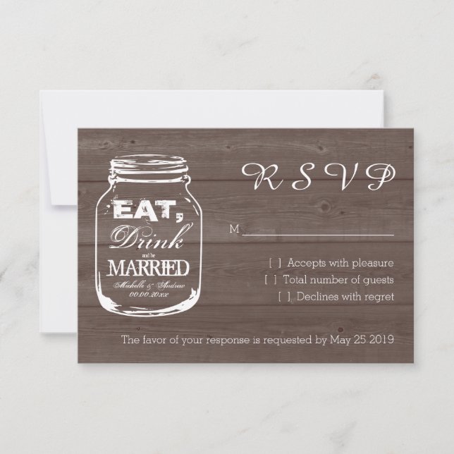 Eat drink be married mason jar RSVP wedding cards (Front)