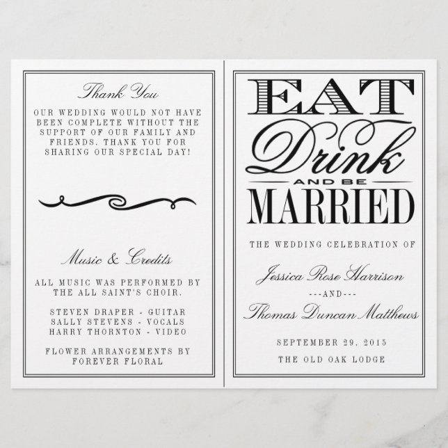 Eat, Drink & Be Married Modern Black/White Wedding (Front)