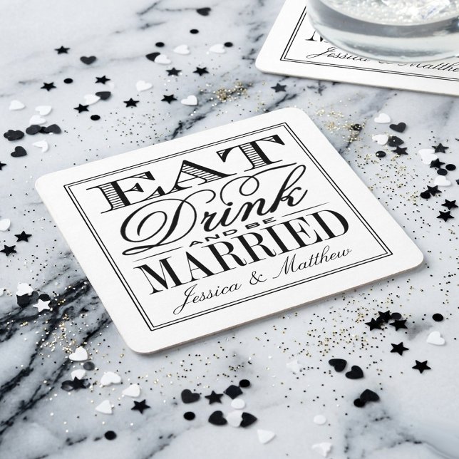 Eat, Drink & Be Married Modern Wedding Square Paper Coaster (Creator Uploaded)