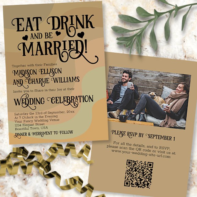 Eat Drink & Be Married Tan QR Code & Photo Wedding Invitation (In Situ Front and Back)