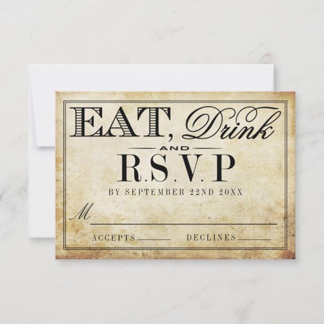 Eat, Drink & Be Married Vintage Wedding RSVP Card (Front)