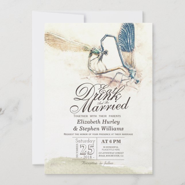 EAT Drink Be Married Wedding Dragonfly Mating Love Invitation (Front)