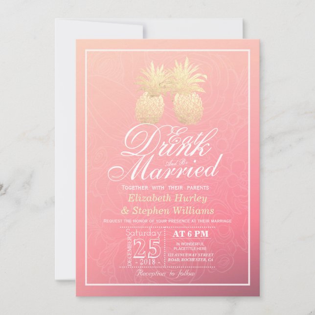 EAT Drink Be Married Wedding Gold Pineapple Couple Invitation (Front)