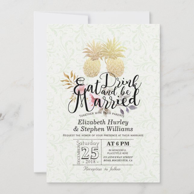 EAT Drink Be Married Wedding Gold Pineapple Couple Invitation (Front)