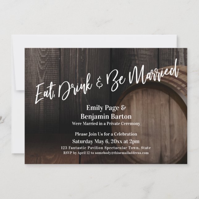 Eat, Drink & Be Married Wood Barrel Reception Invitation (Front)