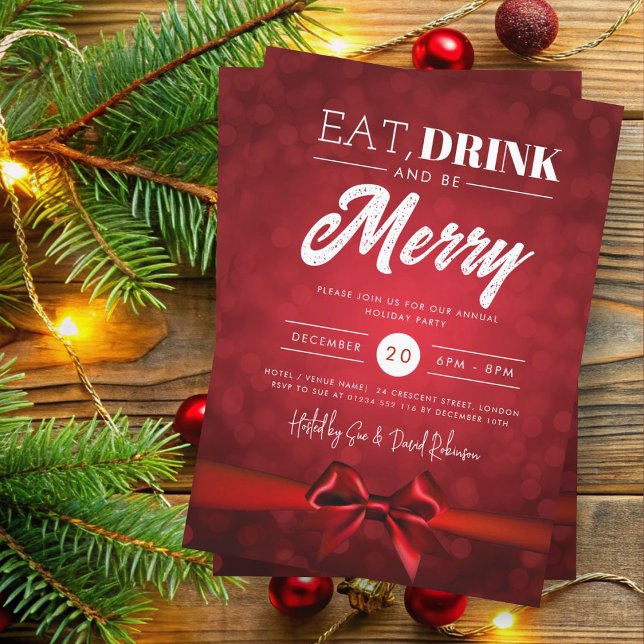 Eat, Drink Be Merry Bokeh Holiday Xmas Red Bow Invitation (Creator Uploaded)
