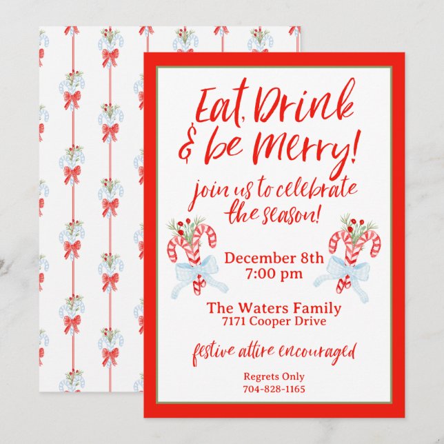 Eat Drink & Be Merry - Candy Cane Christmas Party  Invitation (Front/Back)